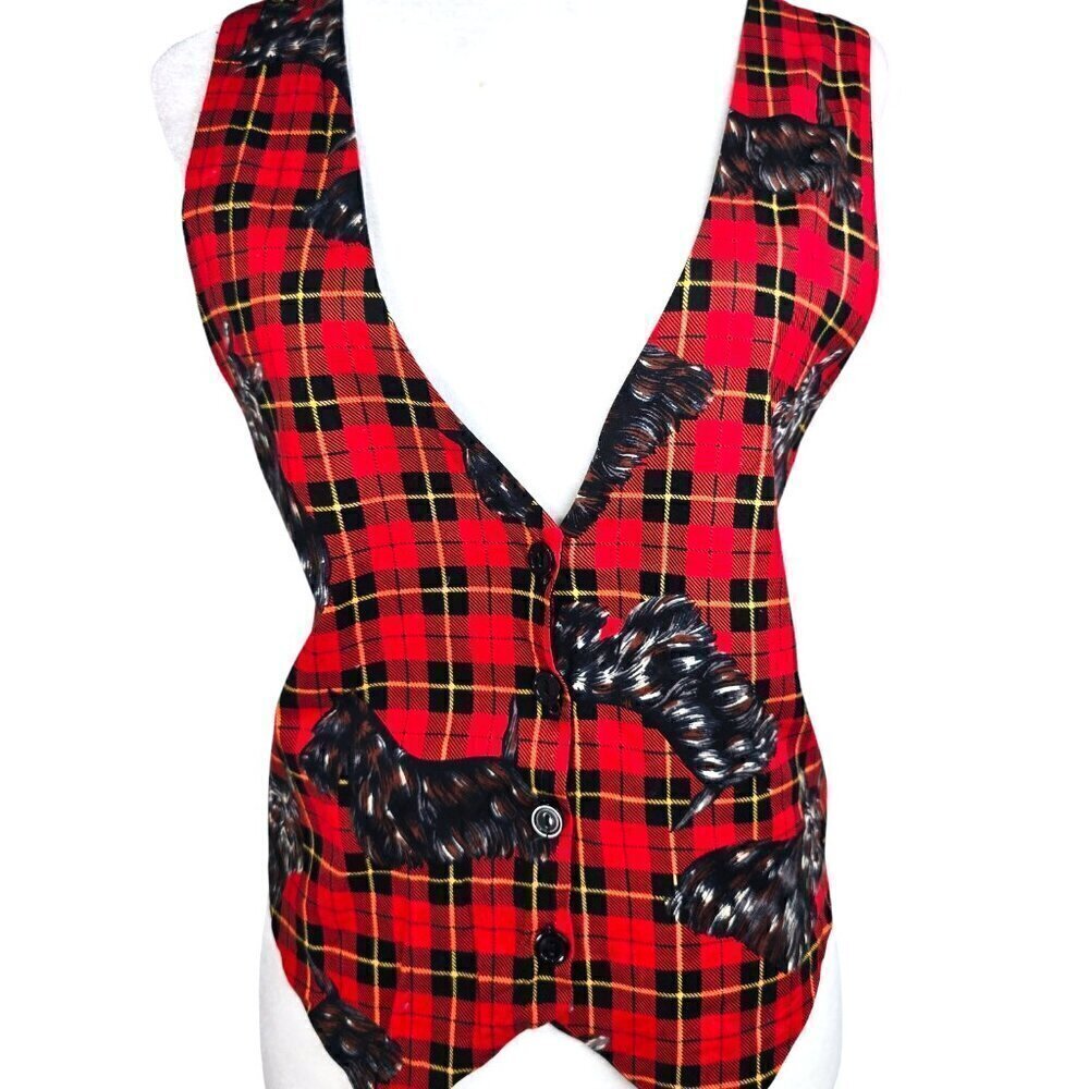 Vintage Jessica Stevens Scottish Terrier Red Black Tartan Plaid Vest